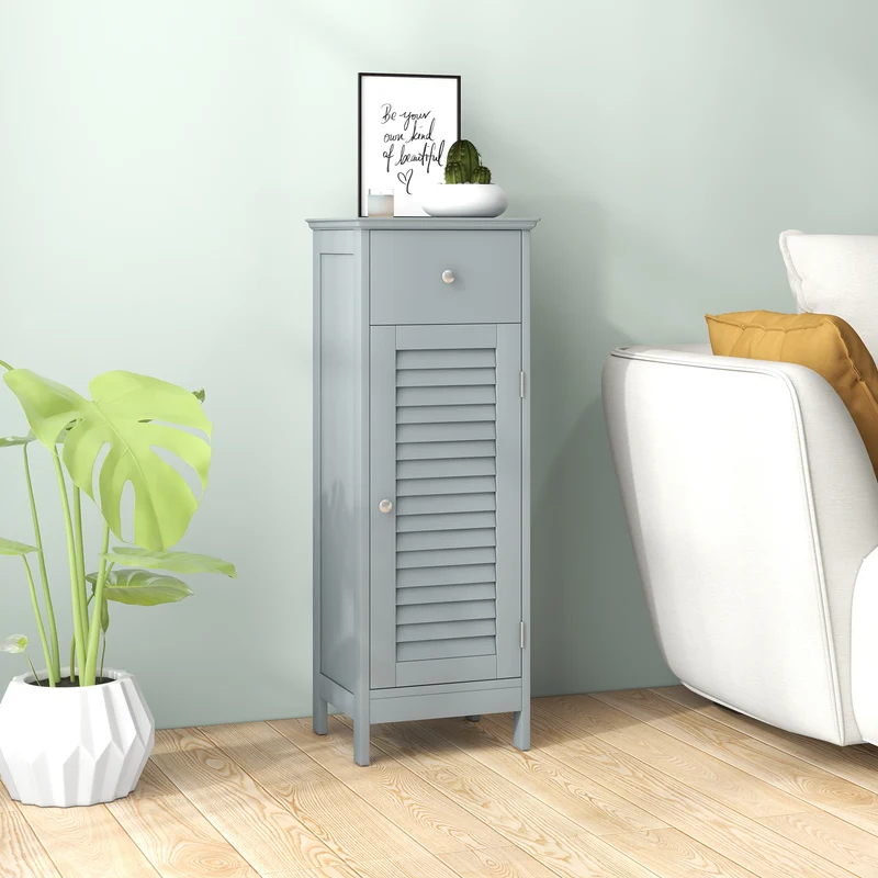 Wooden Bathroom Floor Storage Cabinet, With Drawer And Shutter Door, Gray