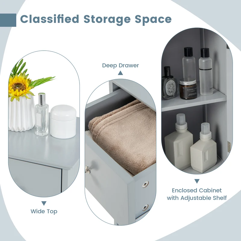 Wooden Bathroom Floor Storage Cabinet, With Drawer And Shutter Door, Gray