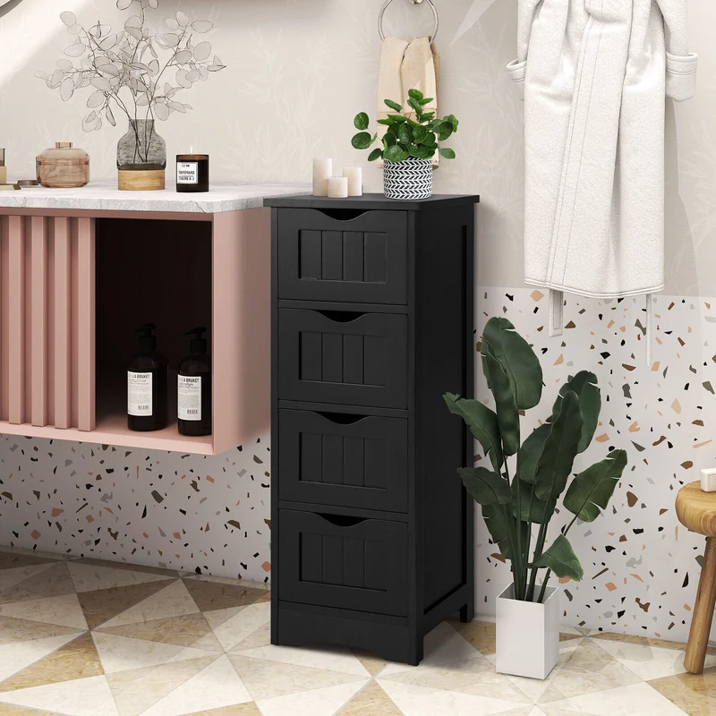 4-Drawer Freestanding Floor Cabinet, Anti-Toppling Device, Black