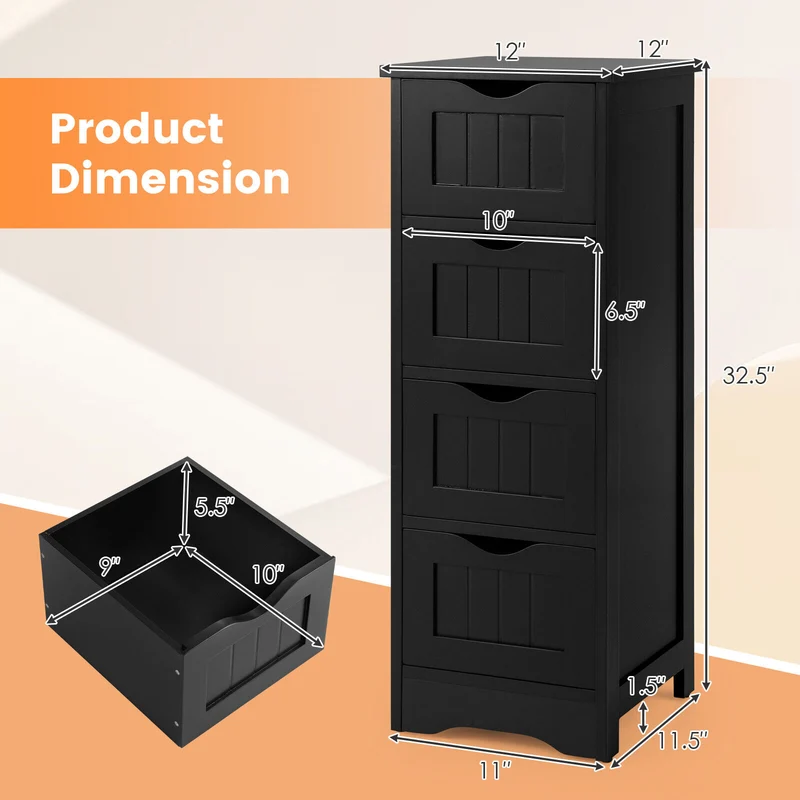 4-Drawer Freestanding Floor Cabinet, Anti-Toppling Device, Black