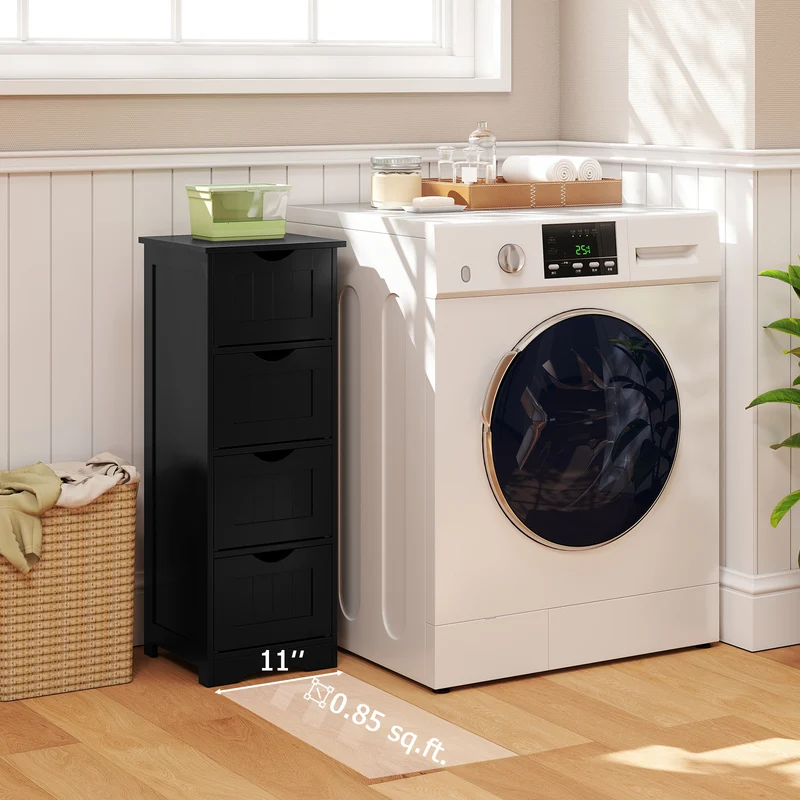 4-Drawer Freestanding Floor Cabinet, Anti-Toppling Device, Black