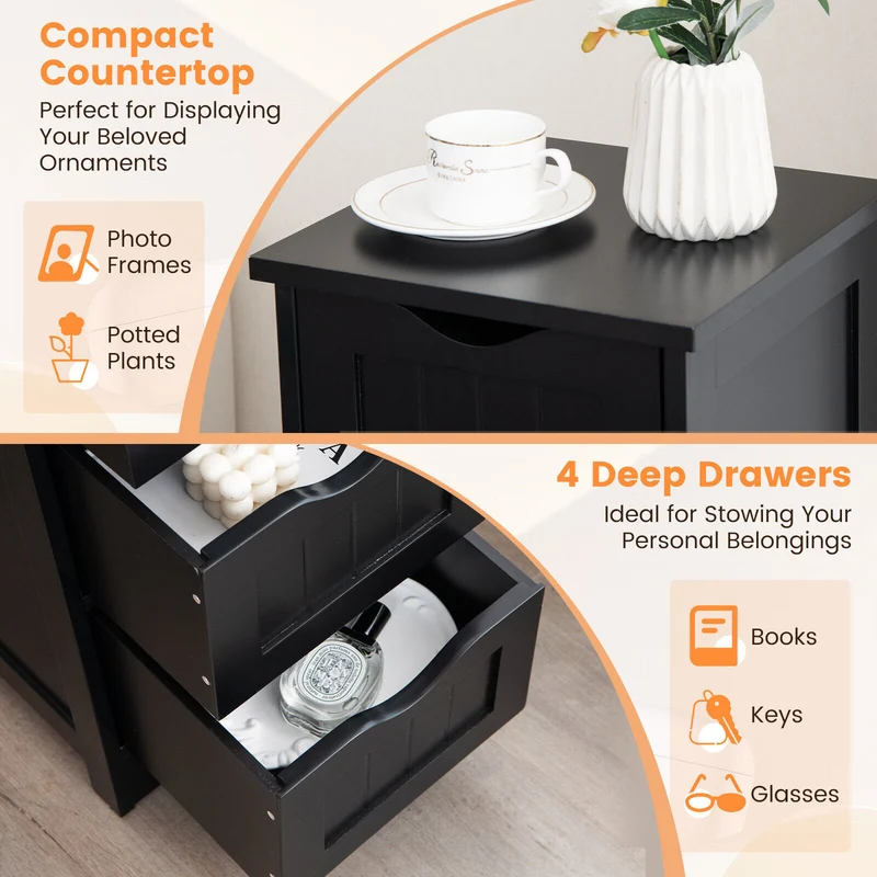 4-Drawer Freestanding Floor Cabinet, Anti-Toppling Device, Black