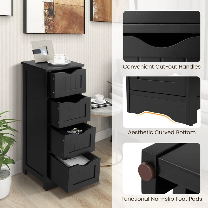 4-Drawer Freestanding Floor Cabinet, Anti-Toppling Device, Black