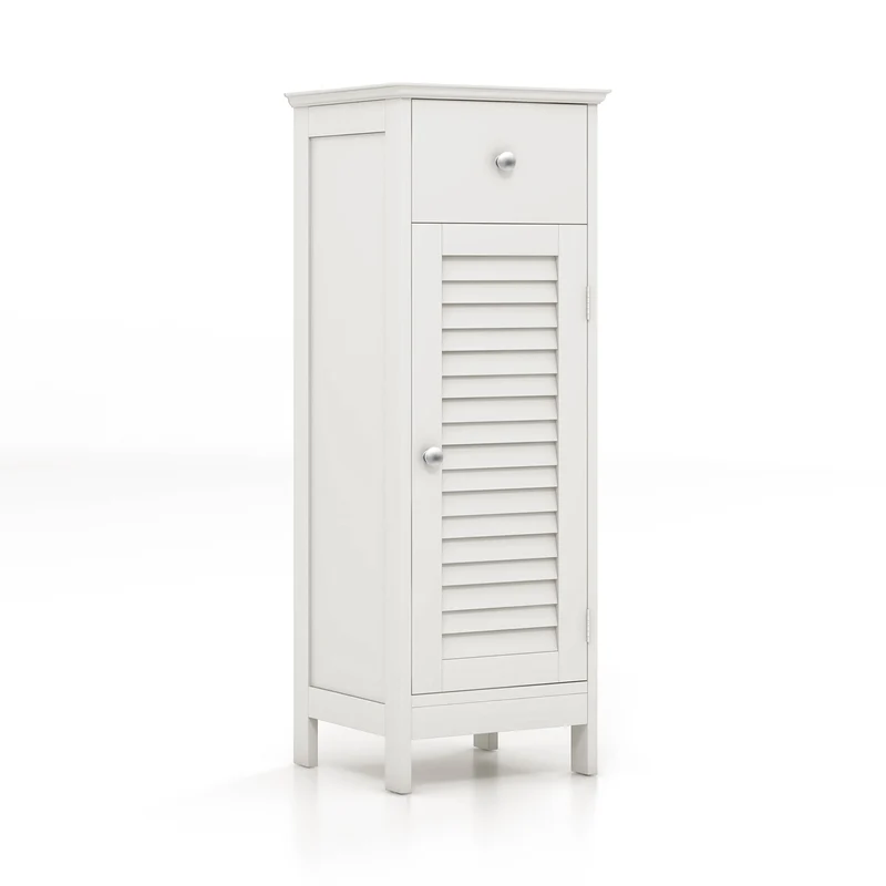 Wooden Bathroom Floor Storage Cabinet, Drawer And Shutter Door, White