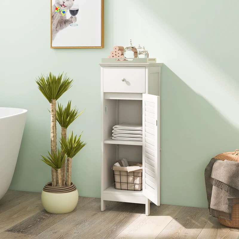 Wooden Bathroom Floor Storage Cabinet, Drawer And Shutter Door, White