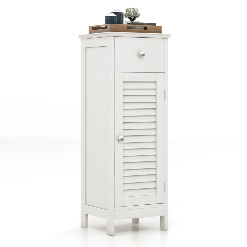 Wooden Bathroom Floor Storage Cabinet, Drawer And Shutter Door, White