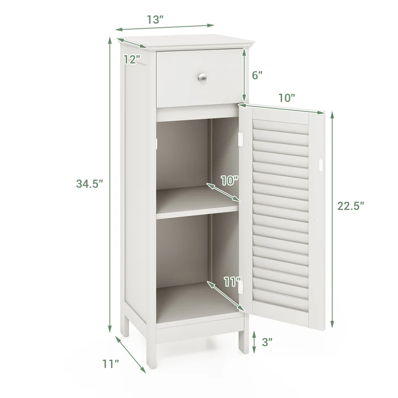 Wooden Bathroom Floor Storage Cabinet, Drawer And Shutter Door, White