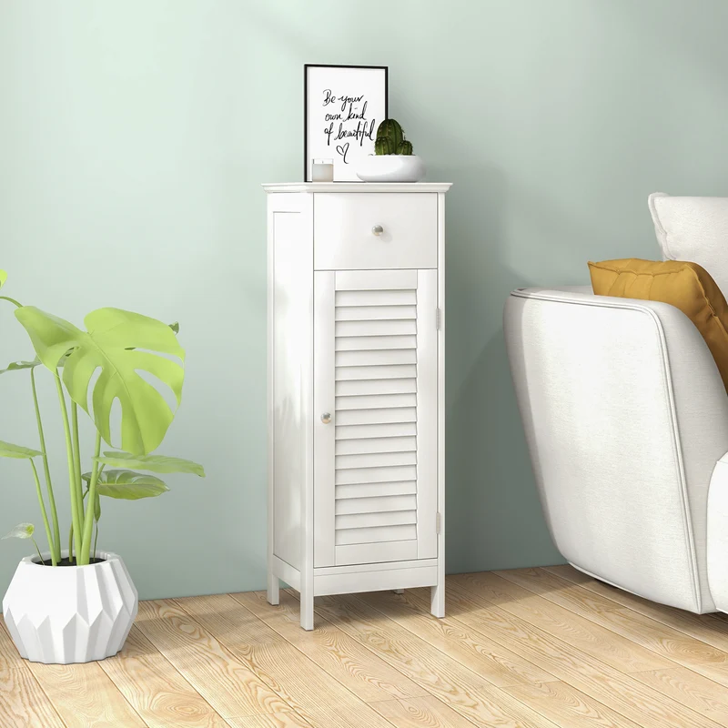 Wooden Bathroom Floor Storage Cabinet, Drawer And Shutter Door, White
