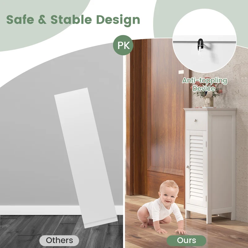 Wooden Bathroom Floor Storage Cabinet, Drawer And Shutter Door, White