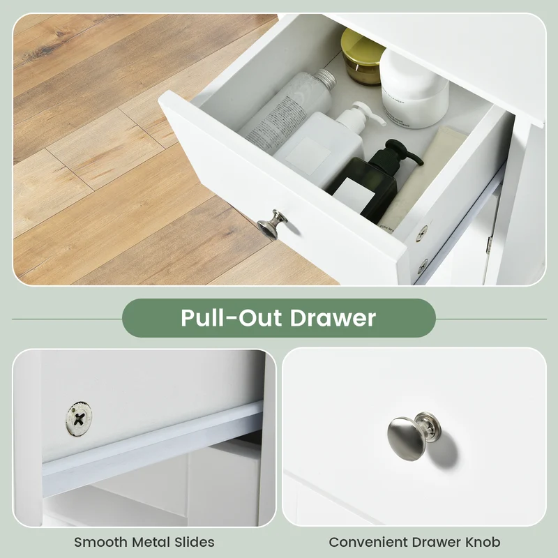 Wooden Bathroom Floor Storage Cabinet, Drawer And Shutter Door, White