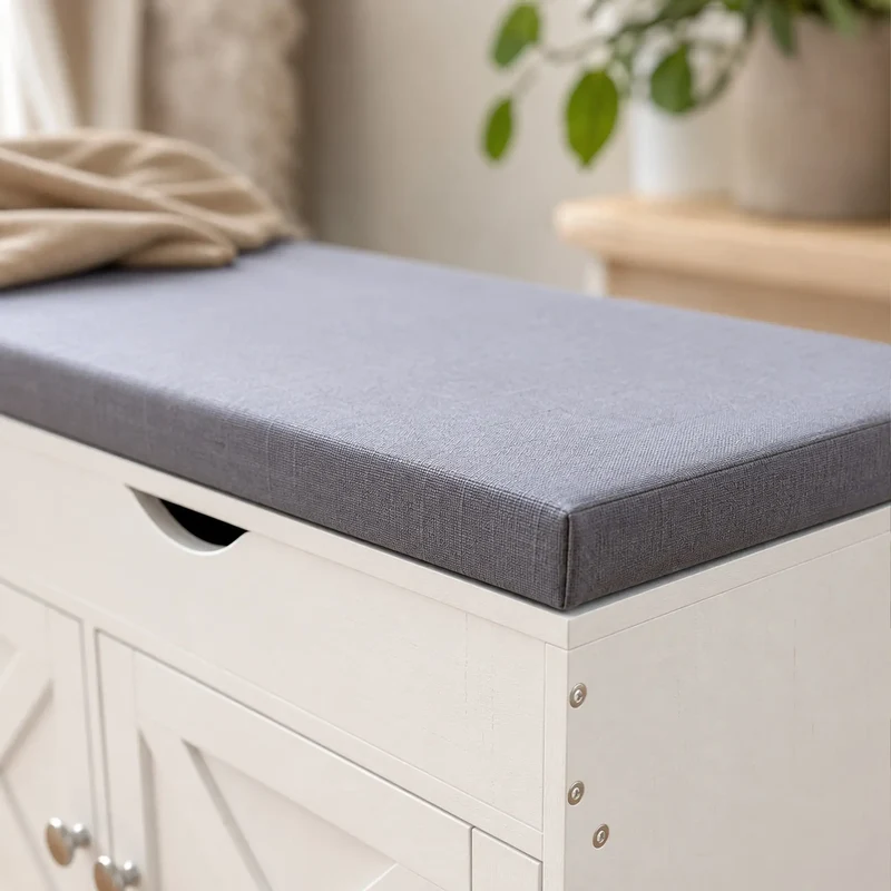 3-Door Shoe Bench with Cushion, Adjustable Shelves, White