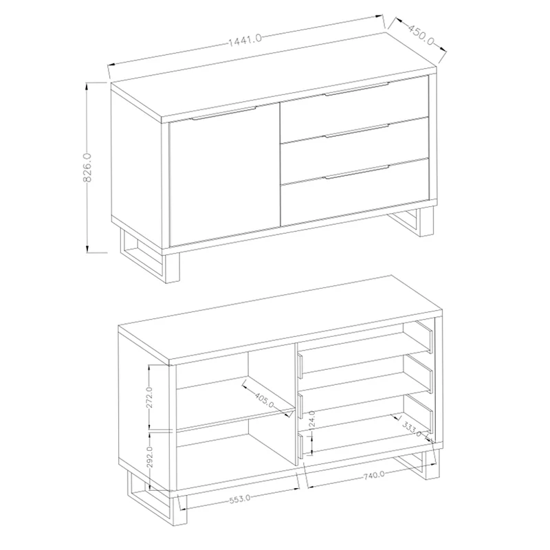 Buffet 1 porte 3 tiroirs Eden Bois et Metal