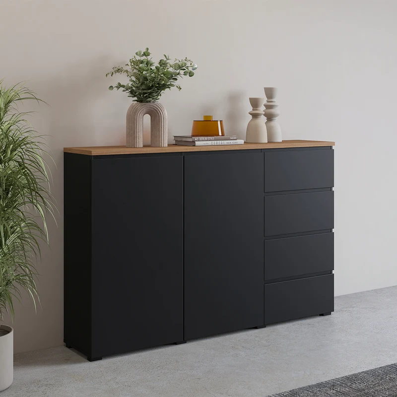 Buffet 2 portes 4 tiroirs Liko Noir et Bois