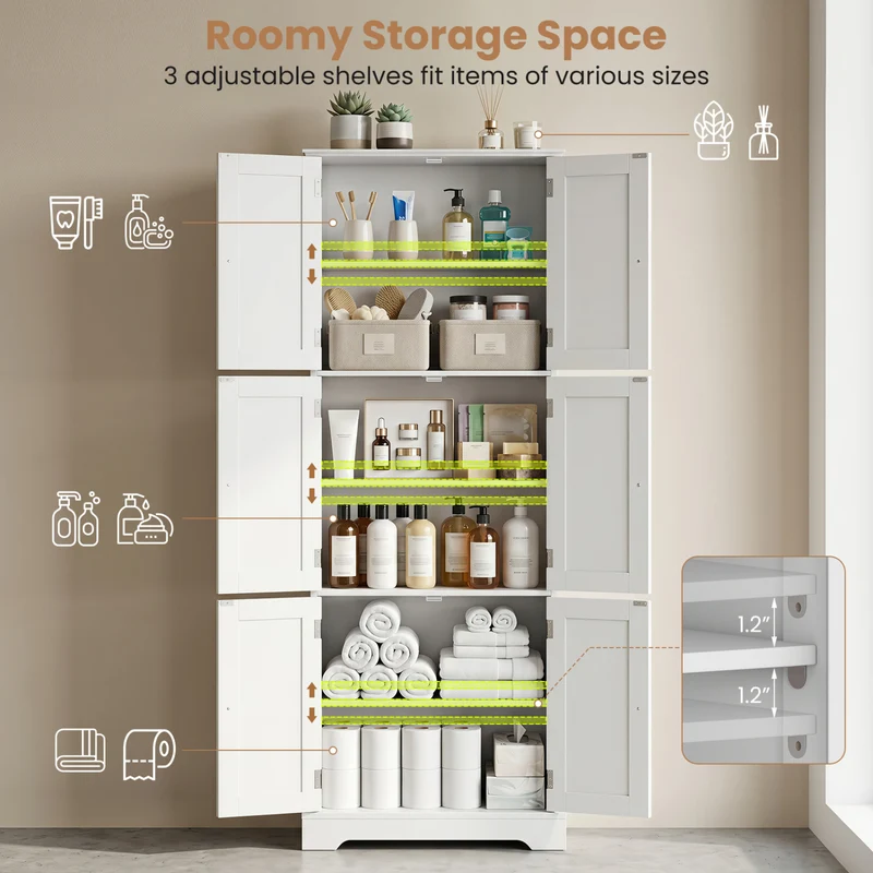 63 Inch Tall Bathroom Storage Cabinet, White