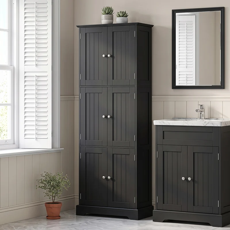 63 In Tall Bathroom Storage Cabinet, 6 Doors, Black