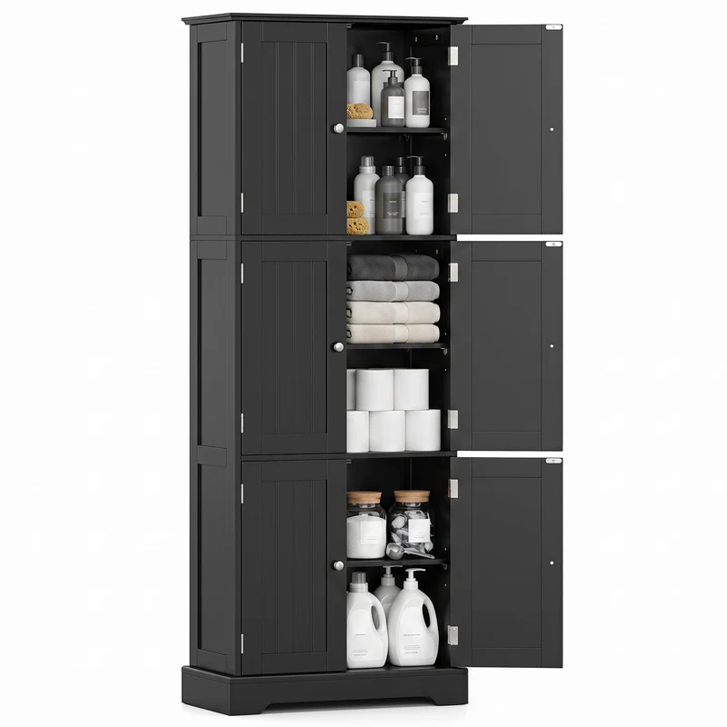 63 In Tall Bathroom Storage Cabinet, 6 Doors, Black