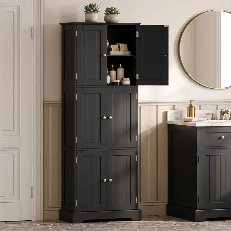 63 In Tall Bathroom Storage Cabinet, 6 Doors, Black