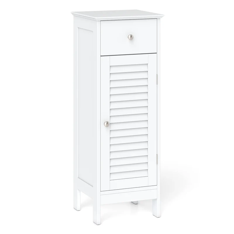 Narrow Bathroom Cabinet, Adjustable Shelf & Drawer, White