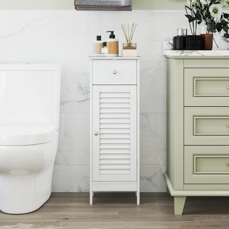 Narrow Bathroom Cabinet, Adjustable Shelf & Drawer, White