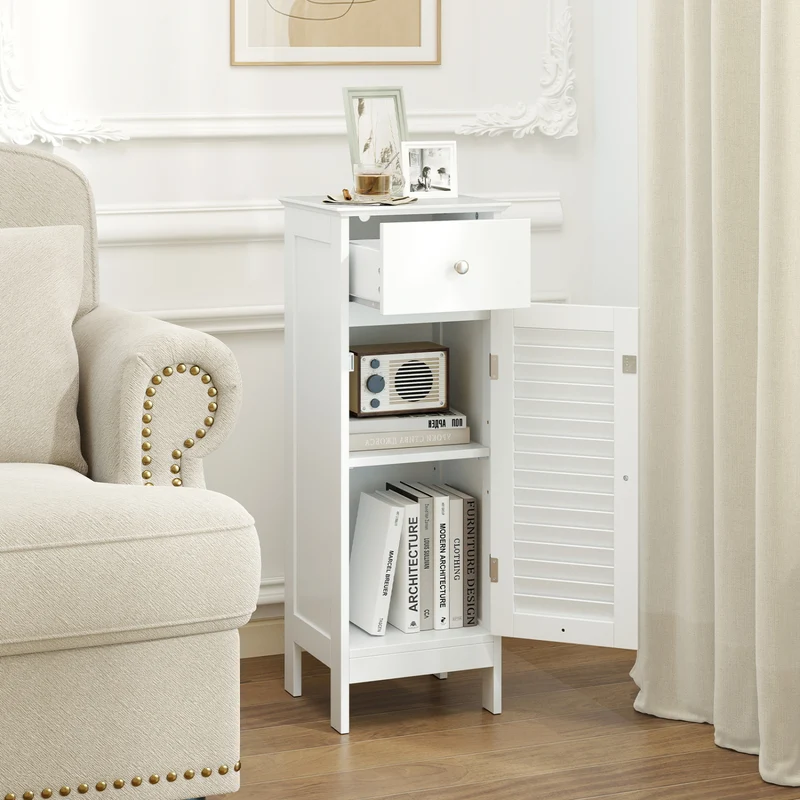 Narrow Bathroom Cabinet, Adjustable Shelf & Drawer, White