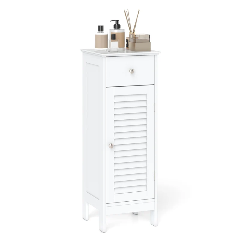 Narrow Bathroom Cabinet, Adjustable Shelf & Drawer, White
