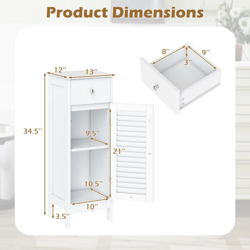 Narrow Bathroom Cabinet, Adjustable Shelf & Drawer, White