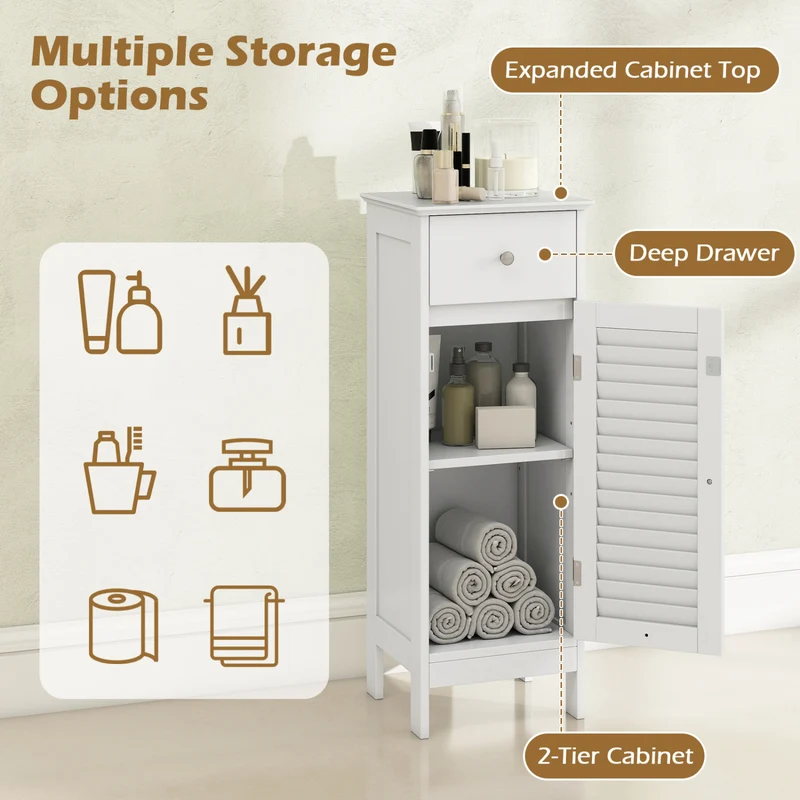 Narrow Bathroom Cabinet, Adjustable Shelf & Drawer, White
