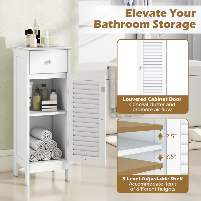 Narrow Bathroom Cabinet, Adjustable Shelf & Drawer, White