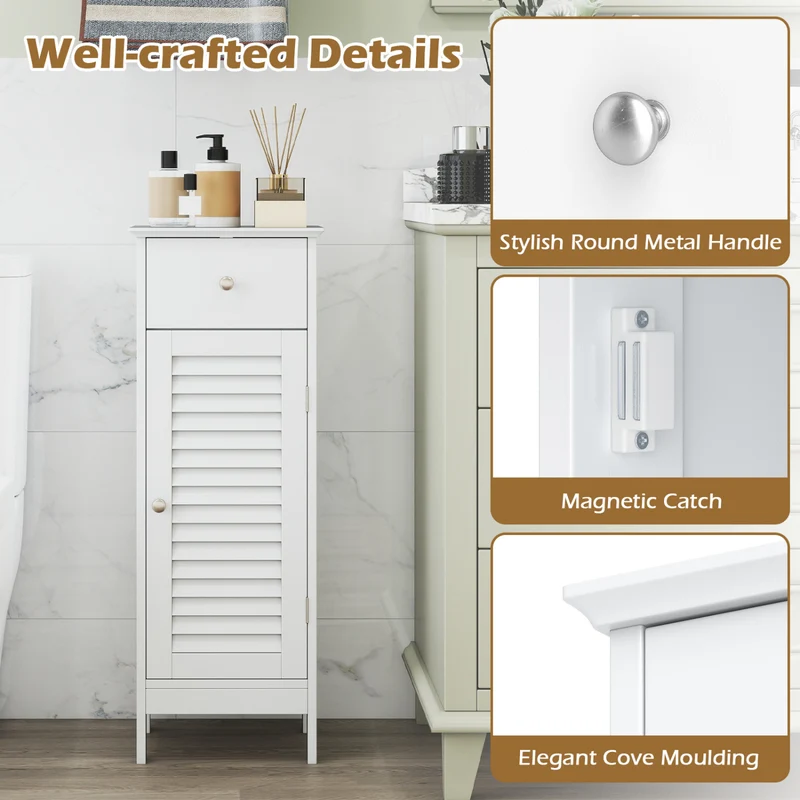 Narrow Bathroom Cabinet, Adjustable Shelf & Drawer, White
