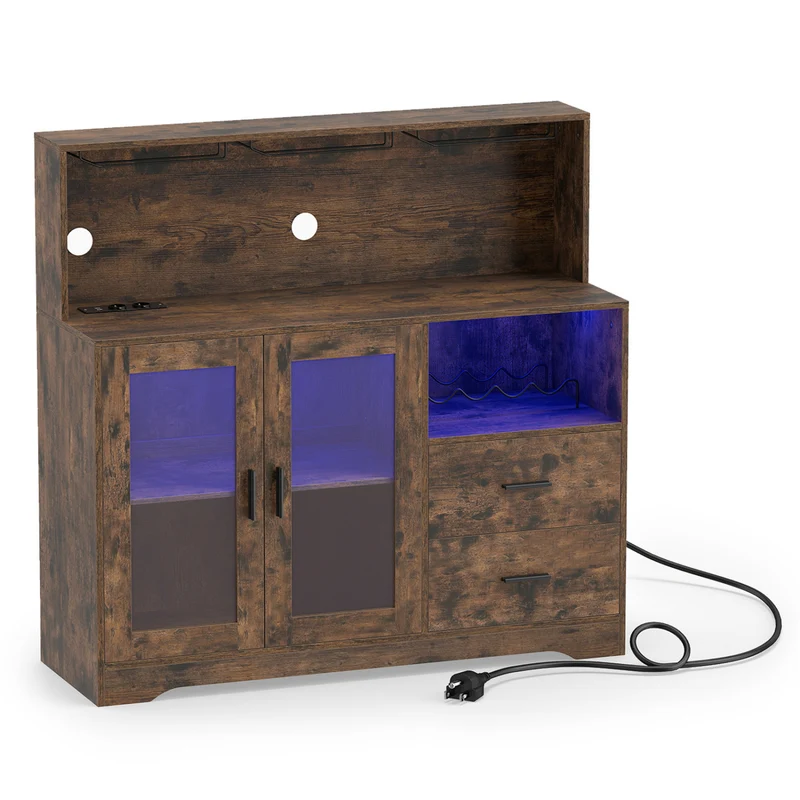 Wine Bar Cabinet with LED Lights, Rustic Brown