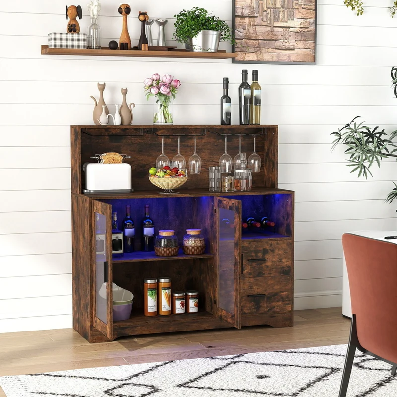 Wine Bar Cabinet with LED Lights, Rustic Brown