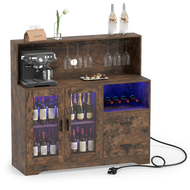 Wine Bar Cabinet with LED Lights, Rustic Brown