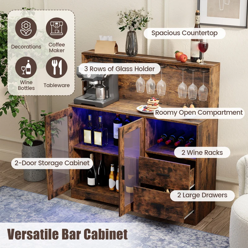Wine Bar Cabinet with LED Lights, Rustic Brown