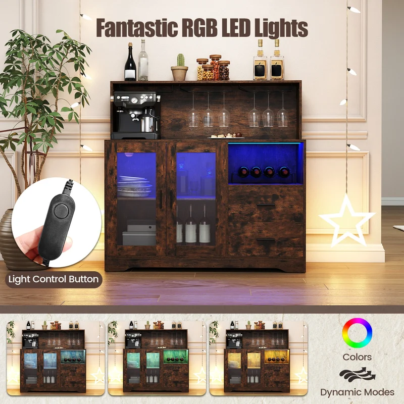Wine Bar Cabinet with LED Lights, Rustic Brown