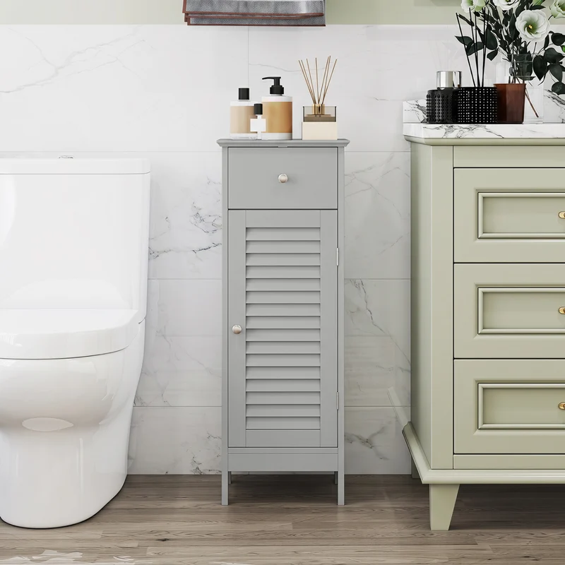 Narrow Bathroom Cabinet with Shelf and Drawer, Gray