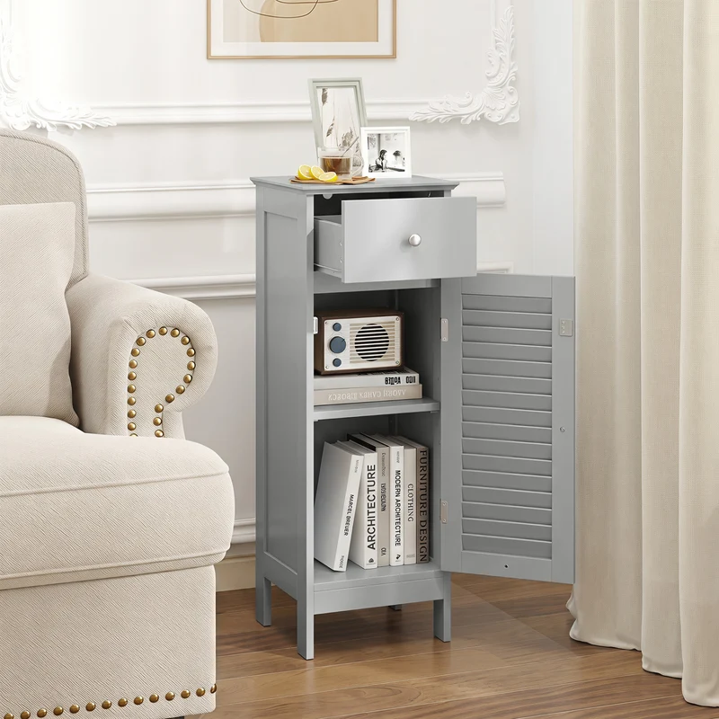 Narrow Bathroom Cabinet with Shelf and Drawer, Gray