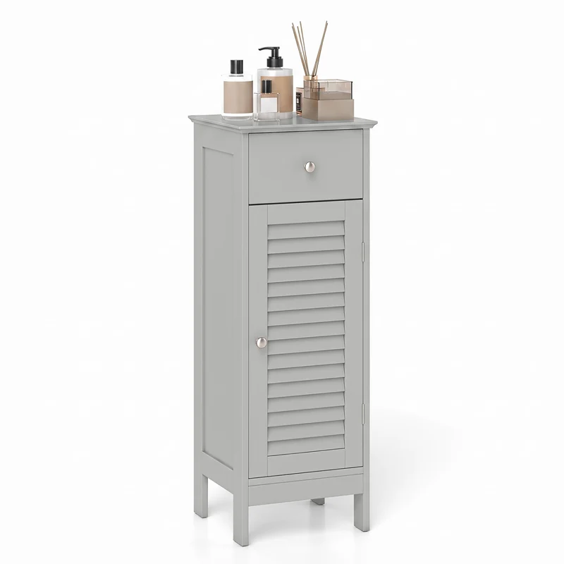 Narrow Bathroom Cabinet with Shelf and Drawer, Gray