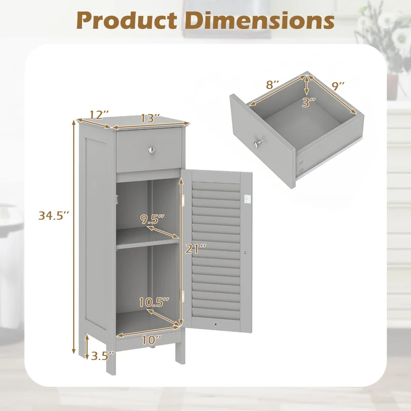 Narrow Bathroom Cabinet with Shelf and Drawer, Gray