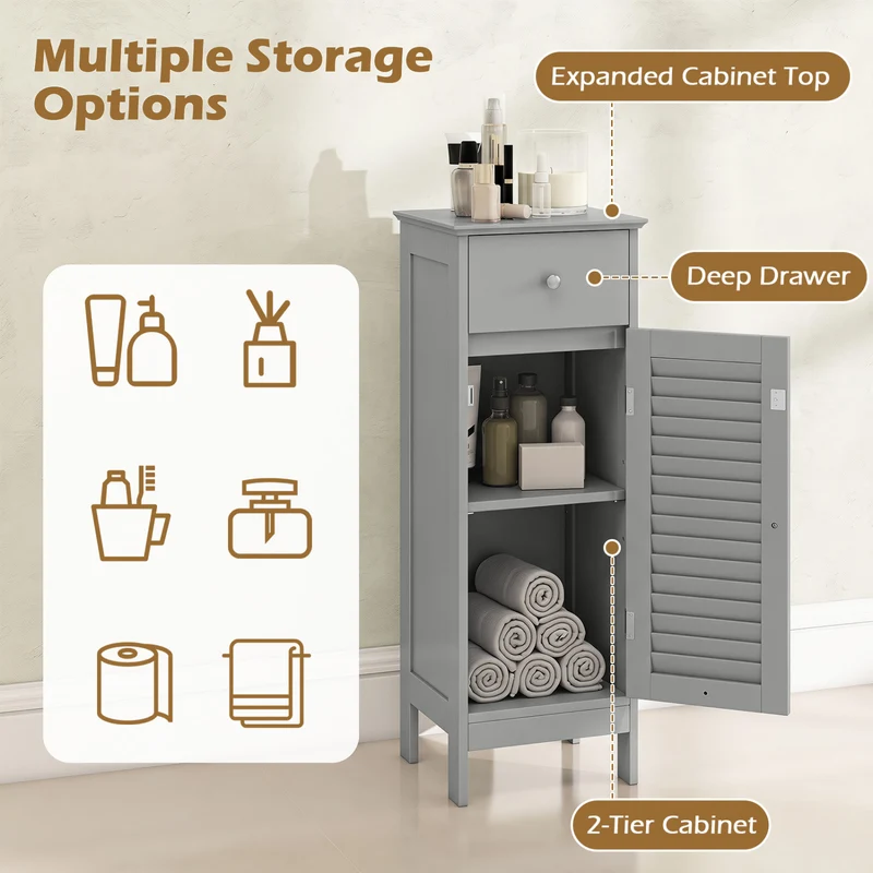 Narrow Bathroom Cabinet with Shelf and Drawer, Gray