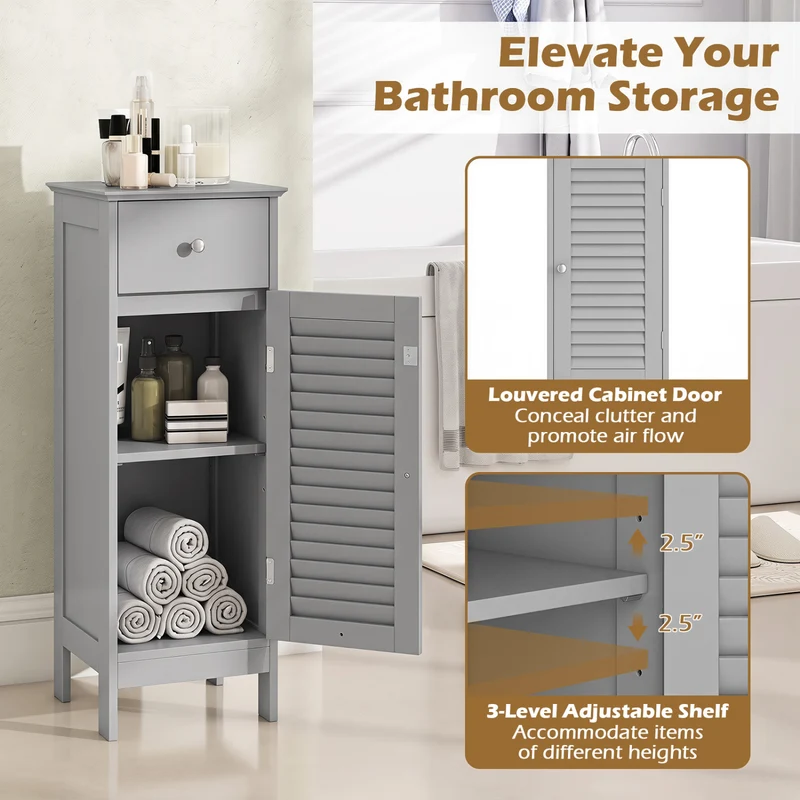 Narrow Bathroom Cabinet with Shelf and Drawer, Gray