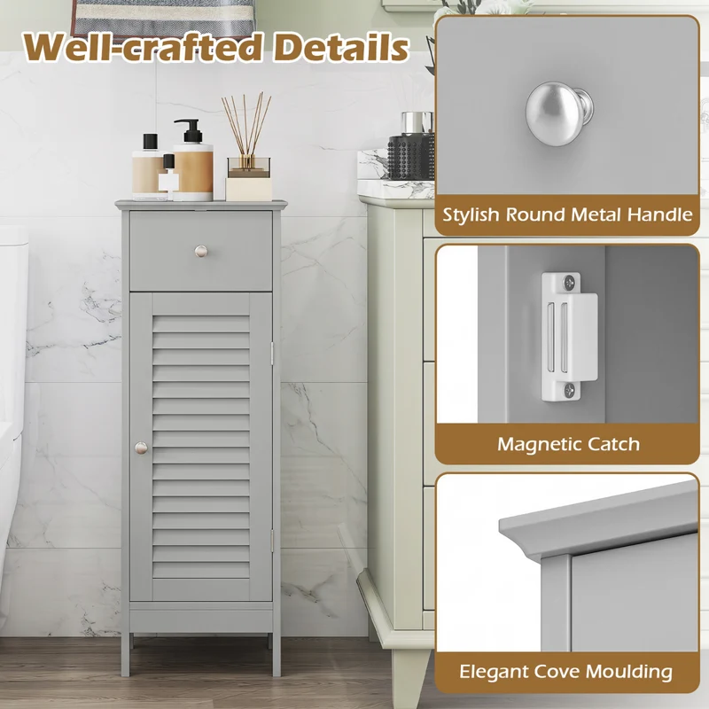 Narrow Bathroom Cabinet with Shelf and Drawer, Gray