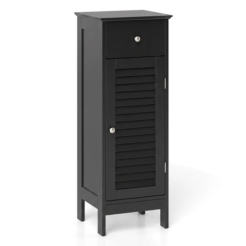 Narrow Bathroom Cabinet, Adjustable Shelf & Drawer, Black