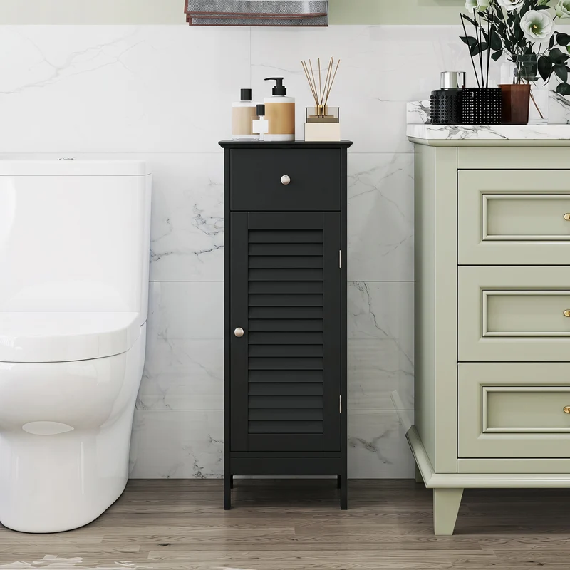 Narrow Bathroom Cabinet, Adjustable Shelf & Drawer, Black