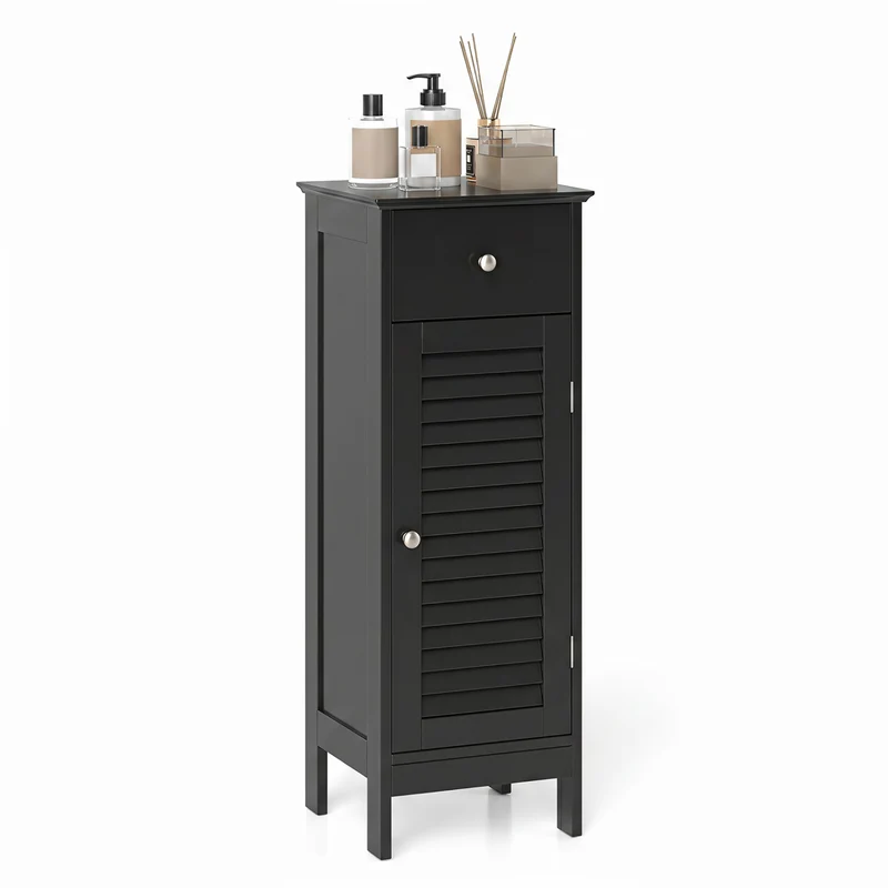 Narrow Bathroom Cabinet, Adjustable Shelf & Drawer, Black