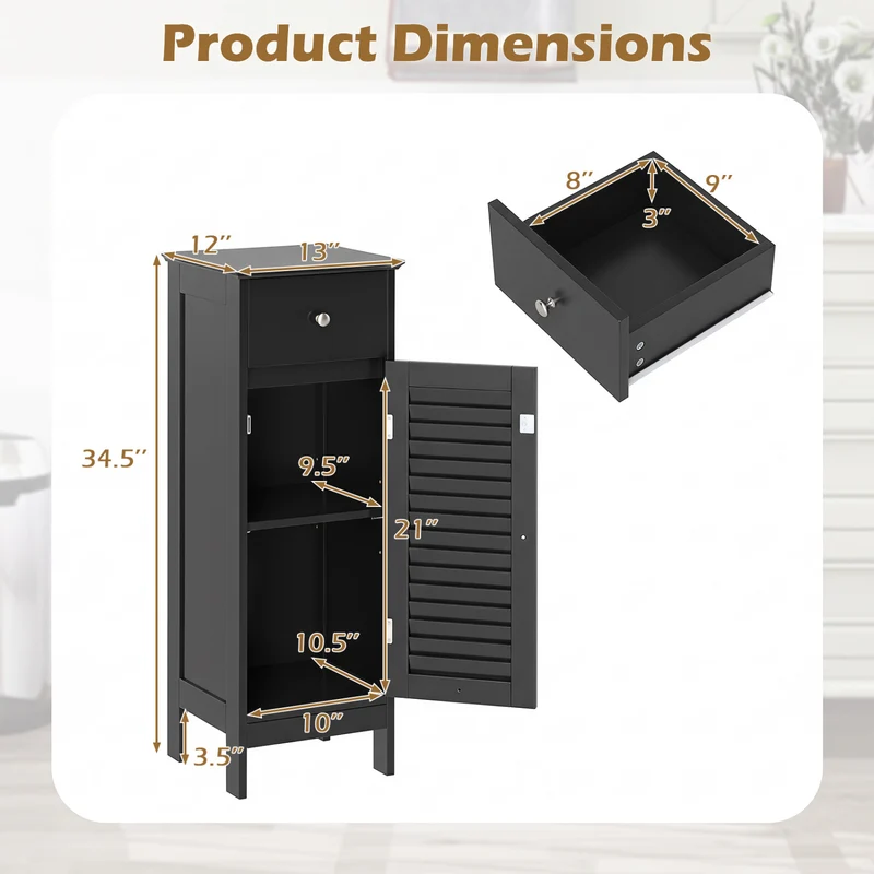 Narrow Bathroom Cabinet, Adjustable Shelf & Drawer, Black