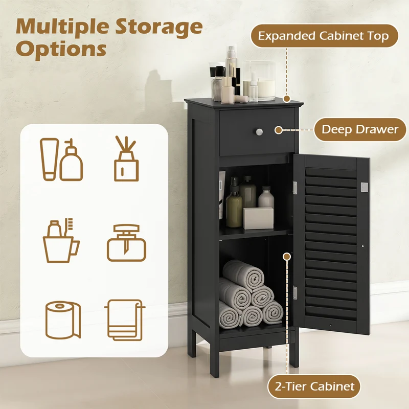 Narrow Bathroom Cabinet, Adjustable Shelf & Drawer, Black