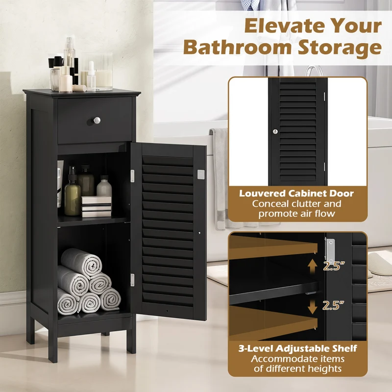 Narrow Bathroom Cabinet, Adjustable Shelf & Drawer, Black