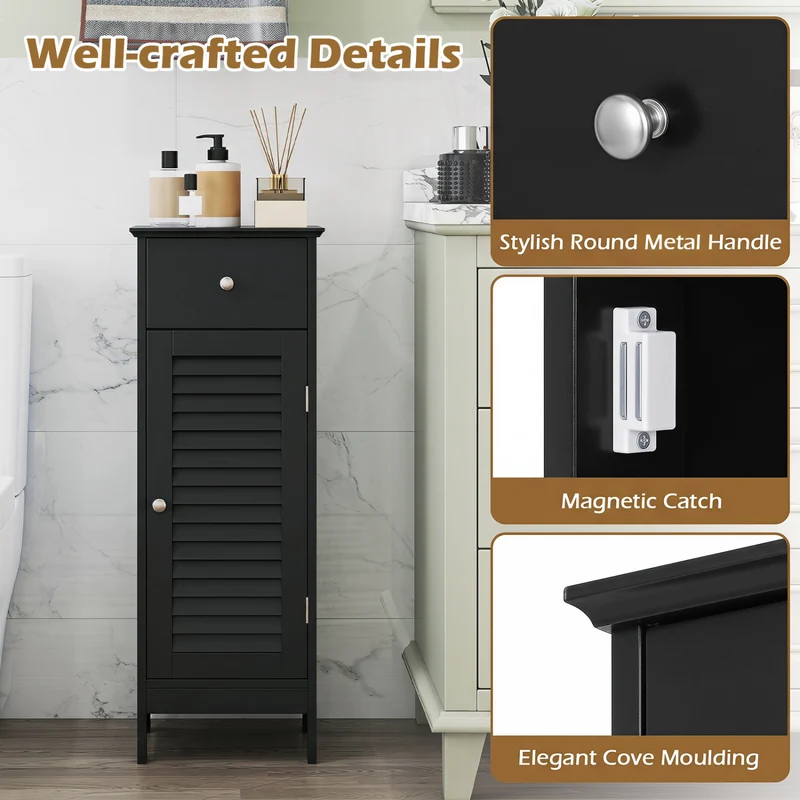 Narrow Bathroom Cabinet, Adjustable Shelf & Drawer, Black