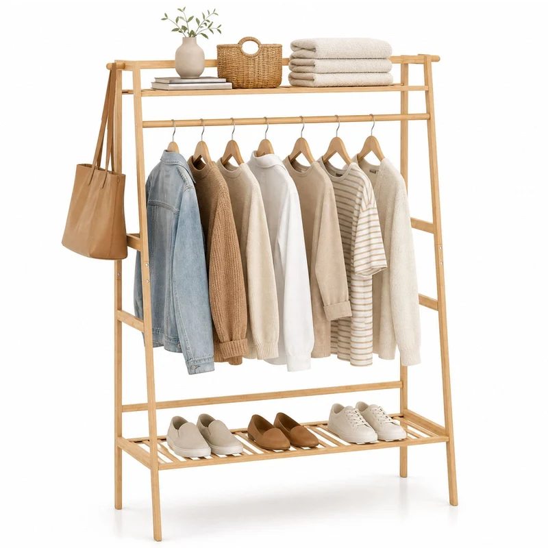 Bamboo Garment Rack, Freestanding Open Wardrobe with Hanging Rod, Natural