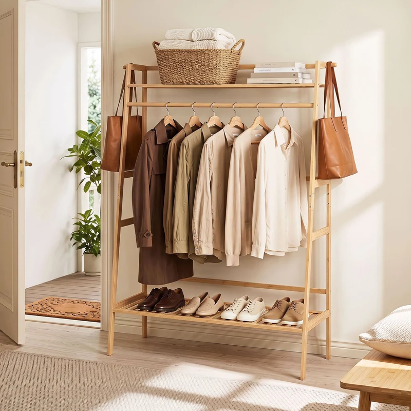 Bamboo Garment Rack, Freestanding Open Wardrobe with Hanging Rod, Natural